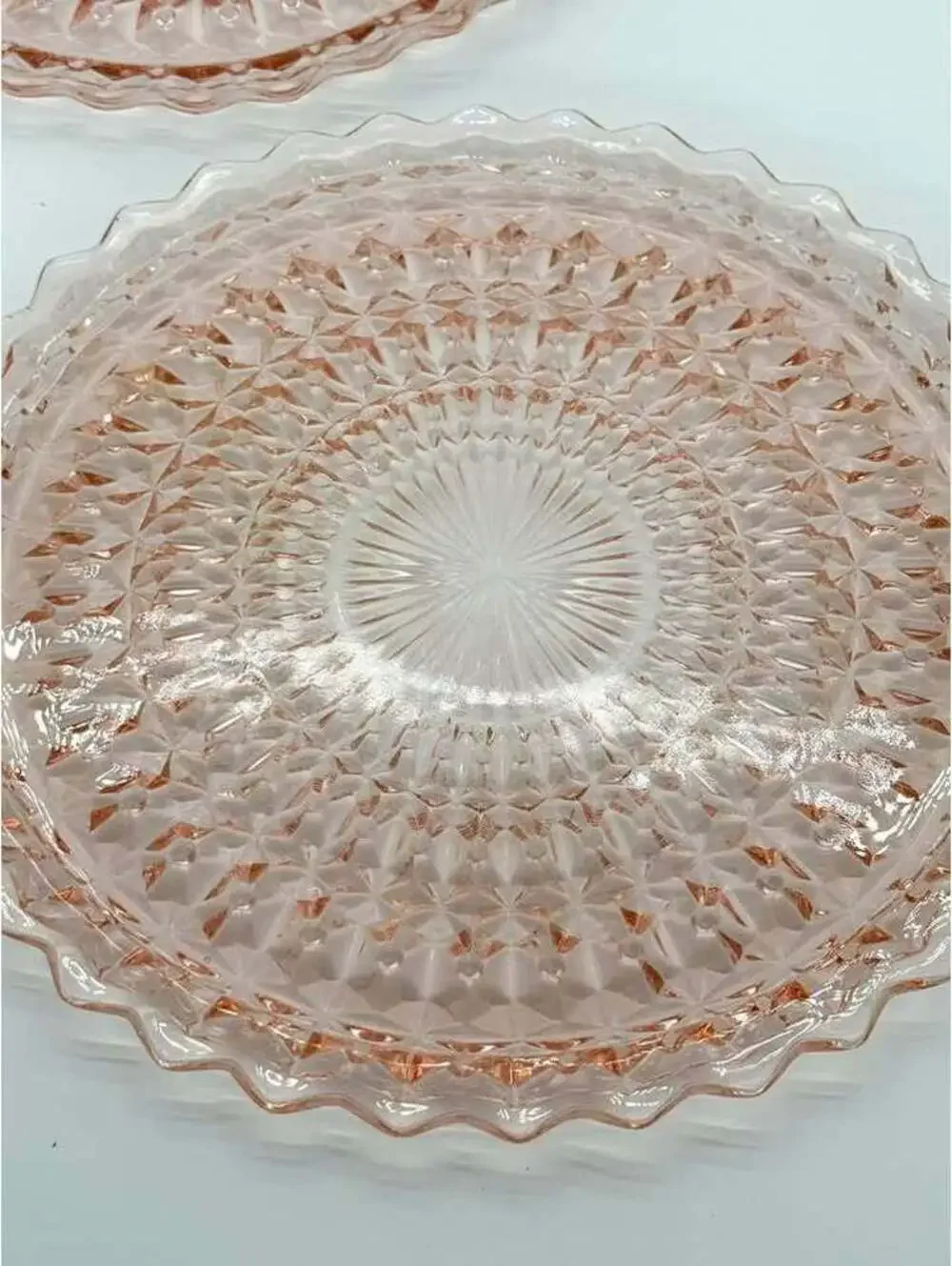 2 Vintage Jeannette Holiday Buttons & Bows Pink Glass Plates 10.25”